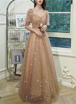 Picture of Champagne Tulle Long Evening Gown Party Dresses, Short Sleeves Long Formal Dress